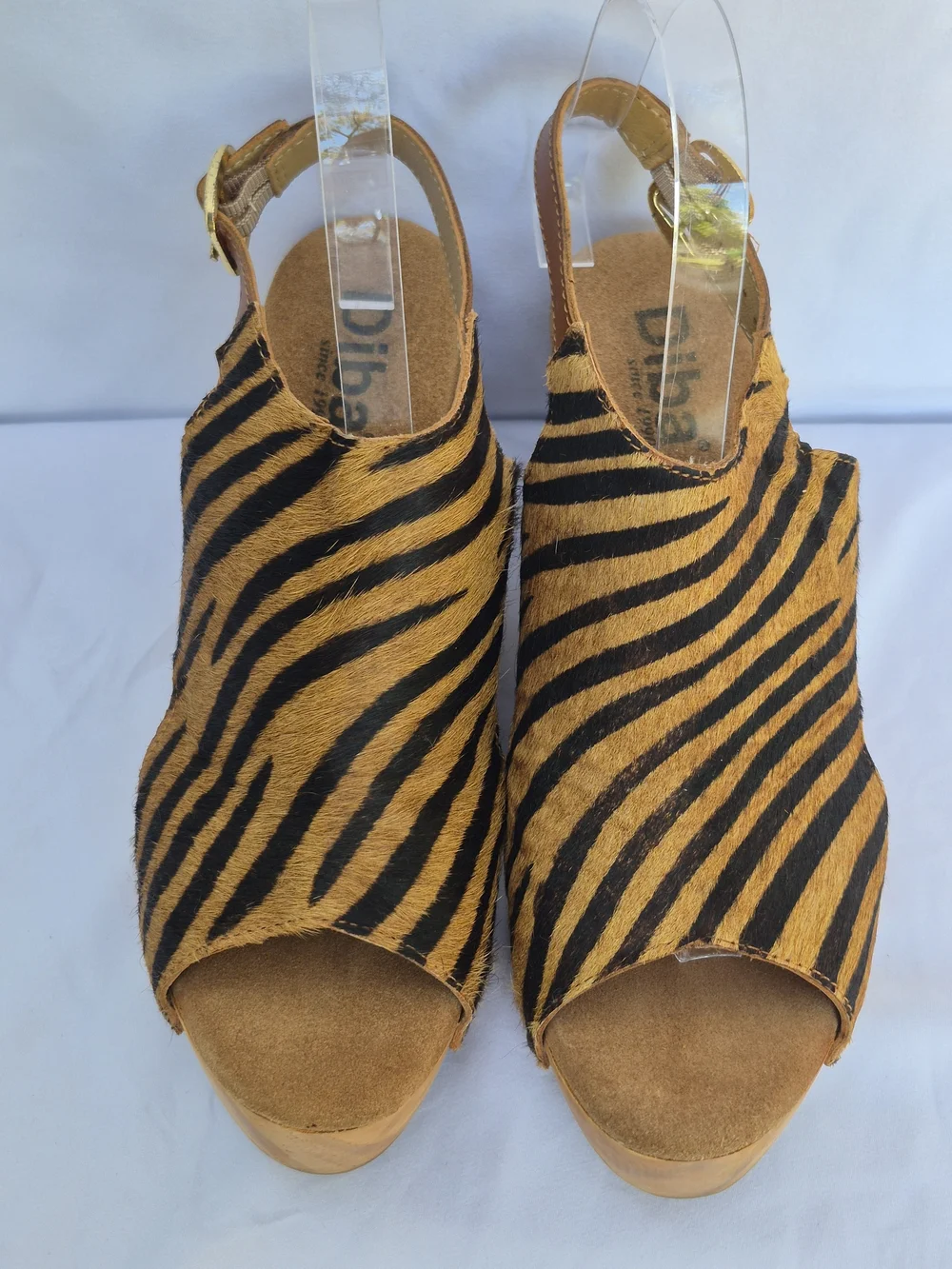 DIBA Zebra Print Leather Cow Fur Women's Wedge Heel Sandals Size 7.5